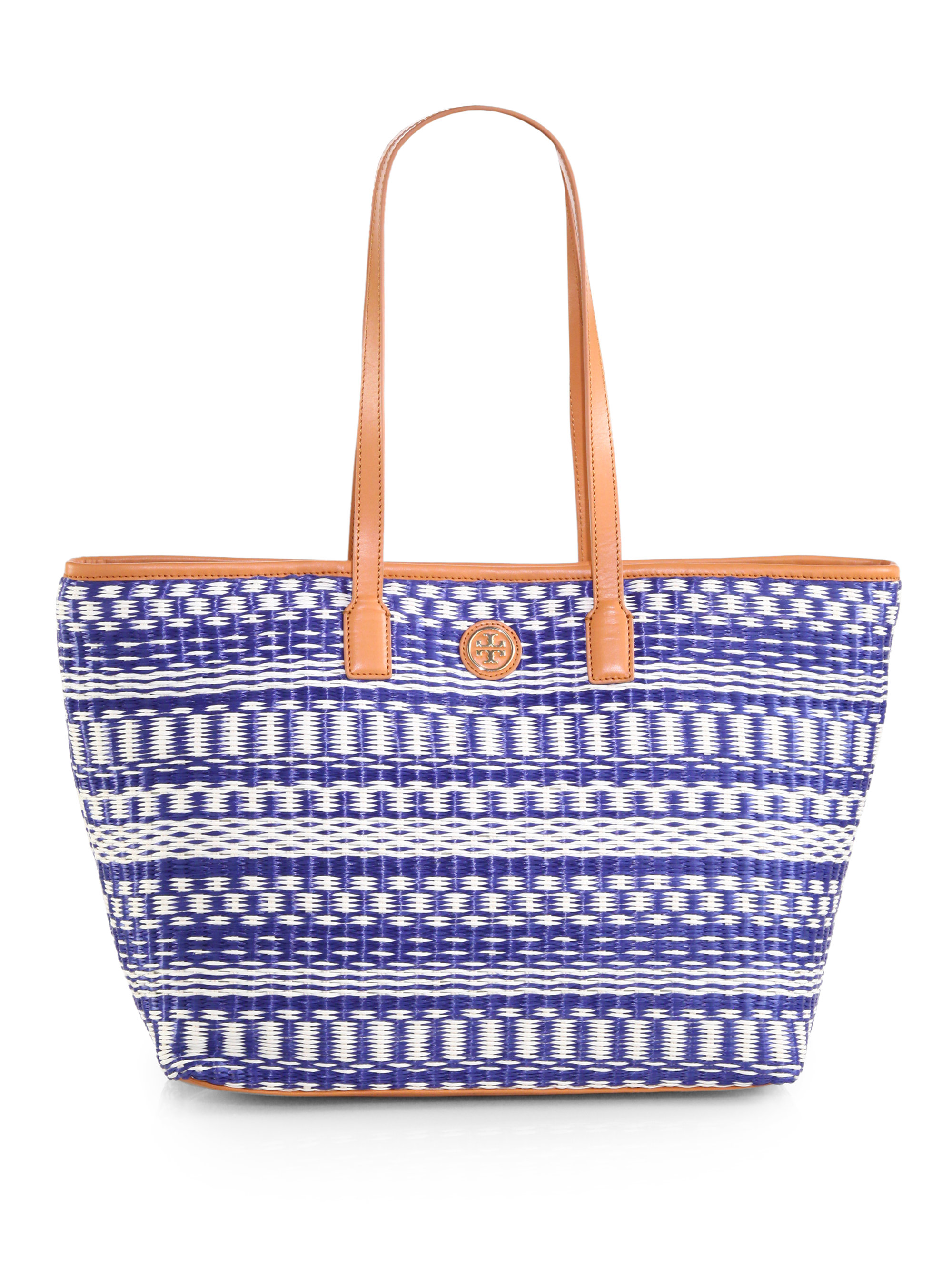 Lyst - Tory Burch Striped Woven Straw Tote in Blue