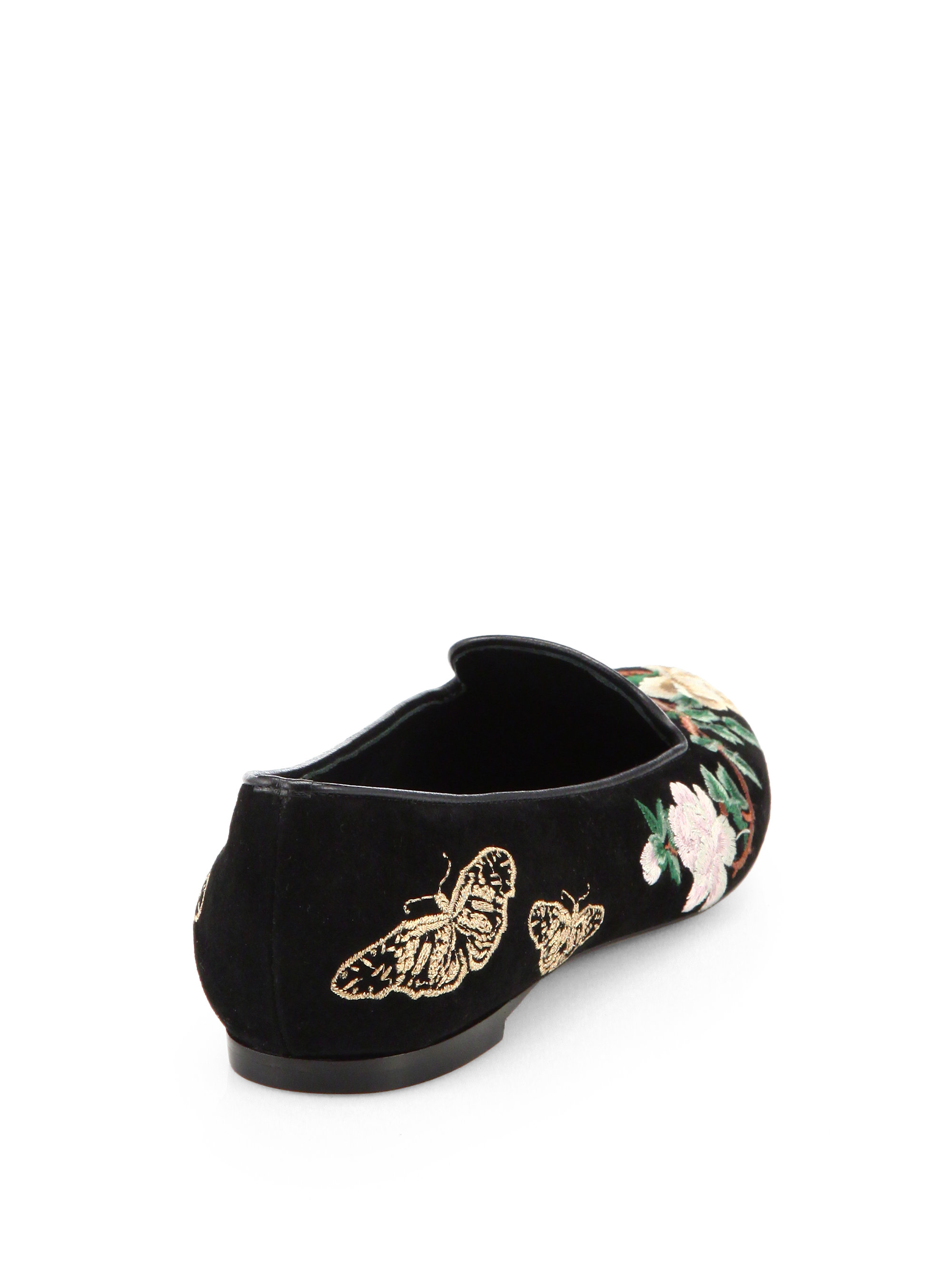 Alexander McQueen Floral embroidered Suede Smoking Slippers - Lyst