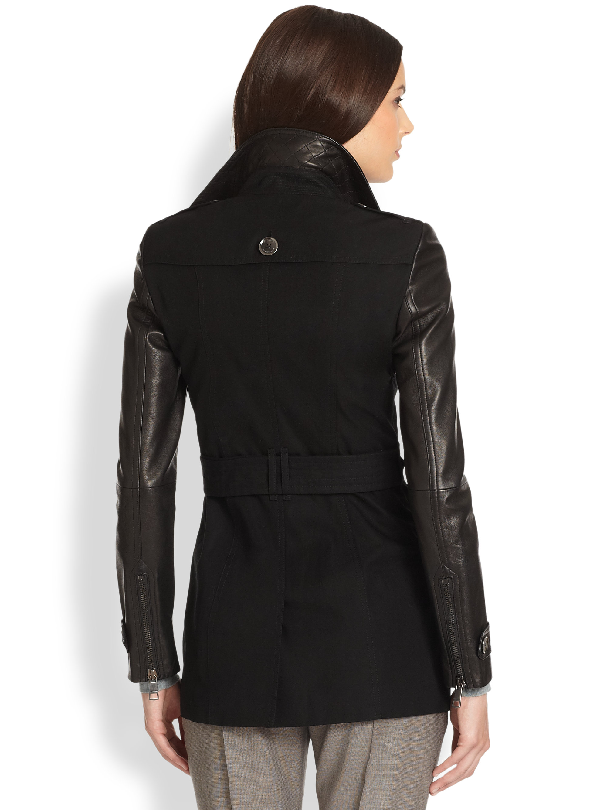Lyst Burberry Leather Sleeve Jacket in Black