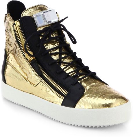 Giuseppe Zanotti Foiled Leather & Crystal High-Top Sneakers in Gold for ...