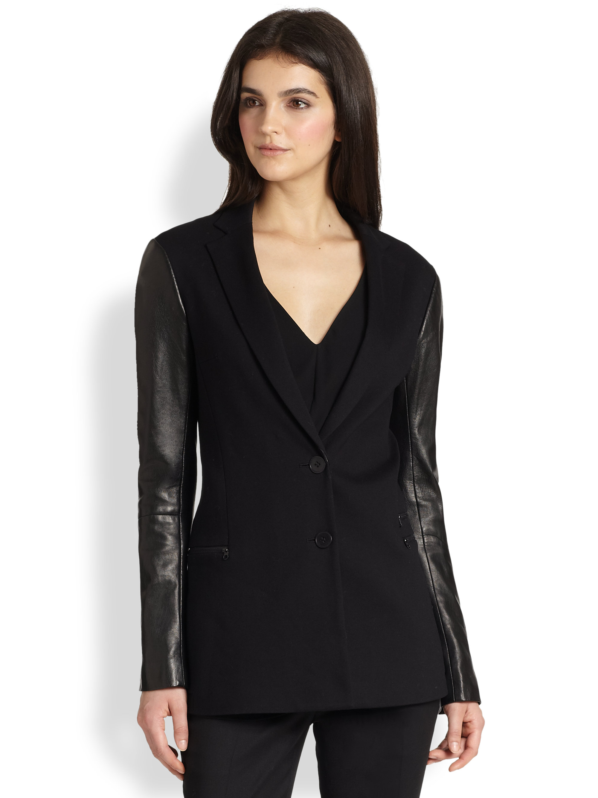 Lyst - Theory Lavey Pryor Leather-Sleeved Blazer in Black