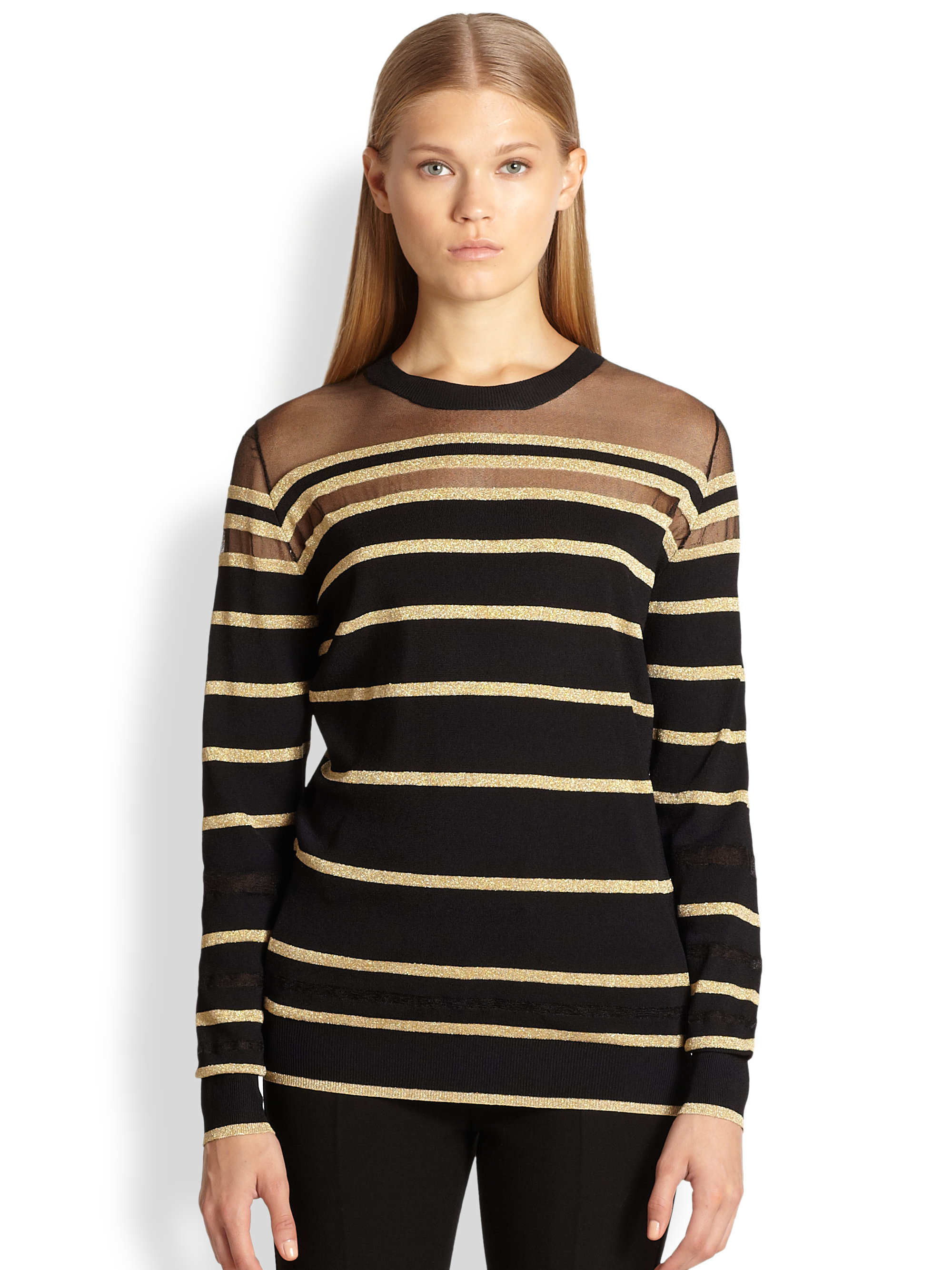 Lyst 3.1 Phillip Lim Sheer Yoke Metallic Striped Sweater in Brown