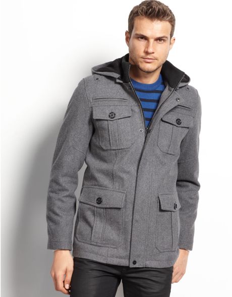 Guess Coats Military Style Hooded Pea Coat in Gray for Men (Light Grey ...