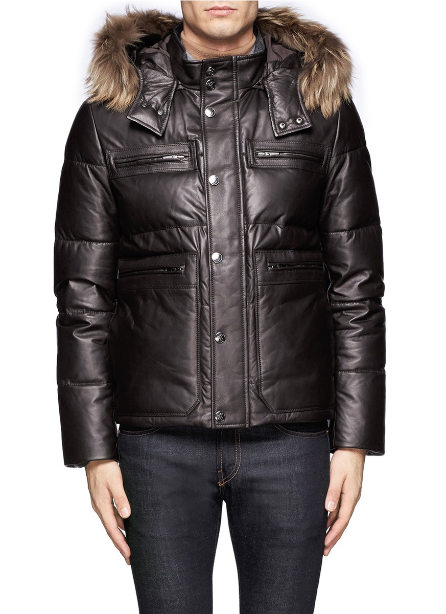 Canali Detachable Raccoon Fur Trimmed Hood Leather Padded Jacket in ...