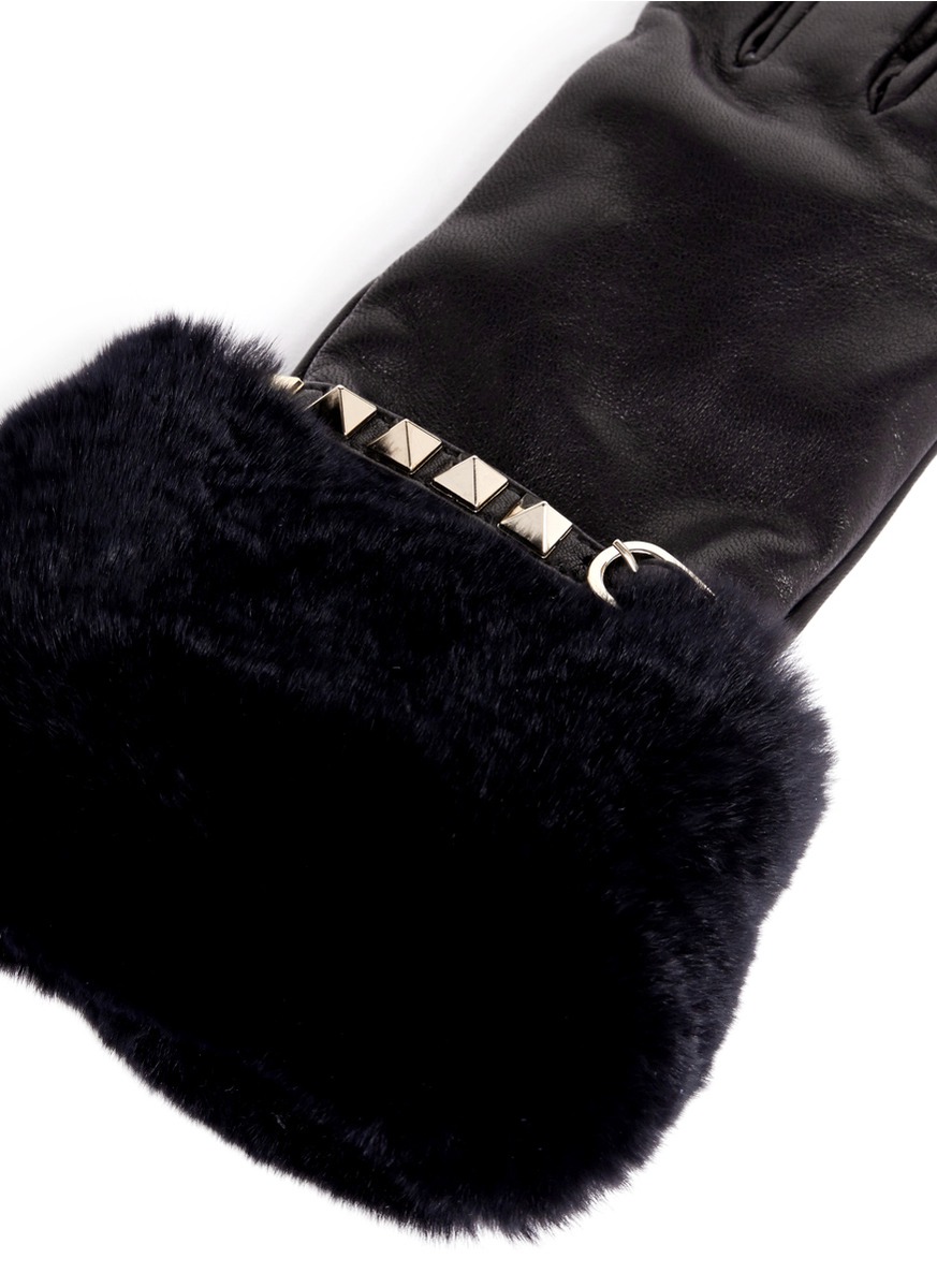 Lyst Valentino Rockstud Fur Trimmed Leather Gloves in Black