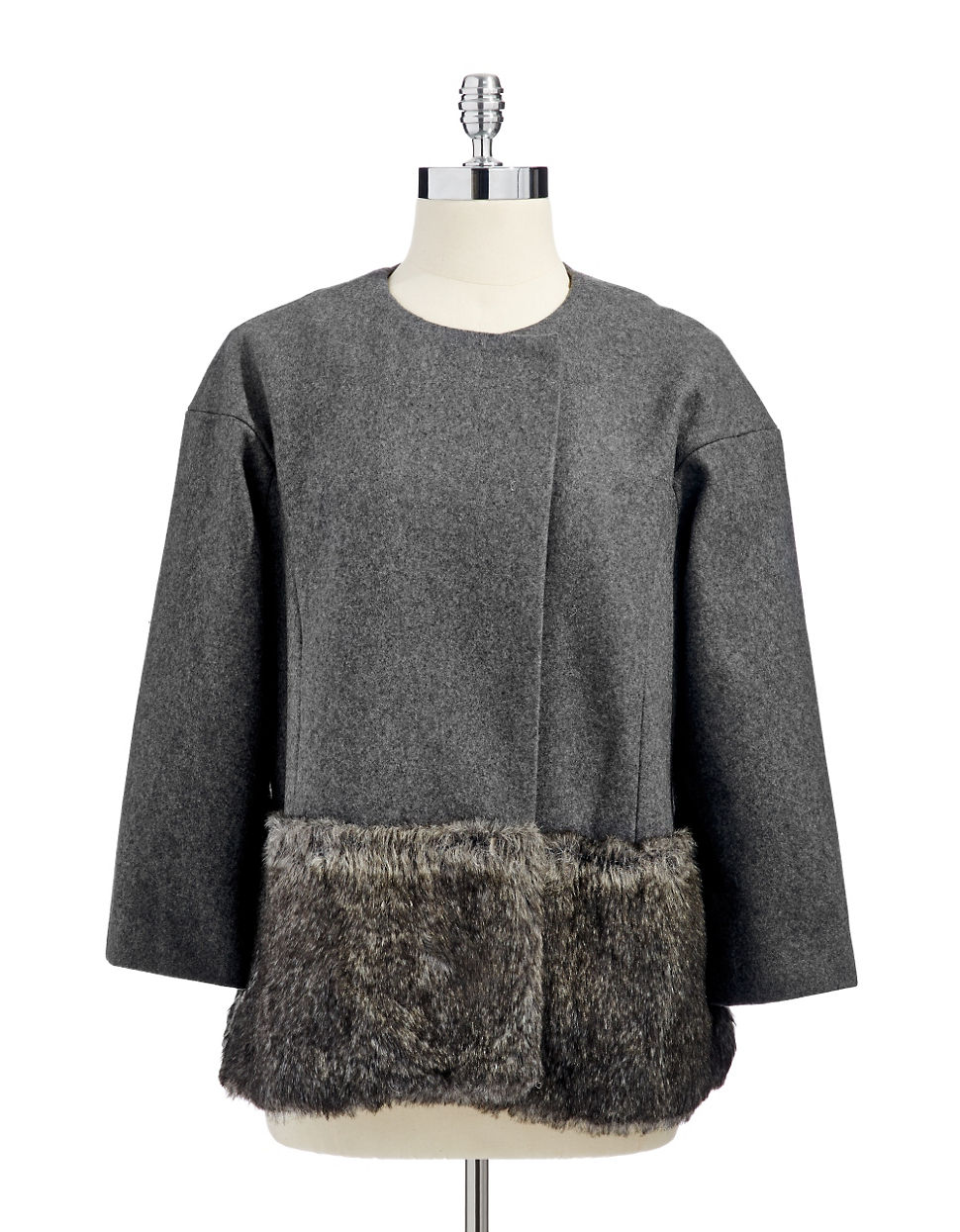 Adrianna papell Sweater Coat with Faux Fur Trim in Gray Lyst