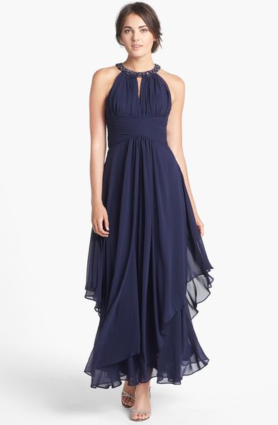 Eliza J Embellished Tiered Chiffon Halter Gown in Blue (Midnight Navy ...