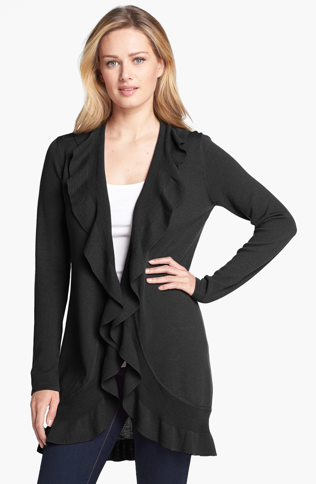 Amber Sun Ruffle Front Merino Wool Cardigan in Black | Lyst