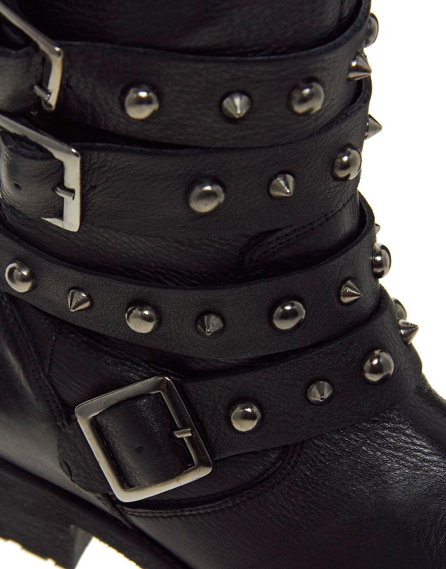 Asos Anytime Leather Biker Boots in Black | Lyst