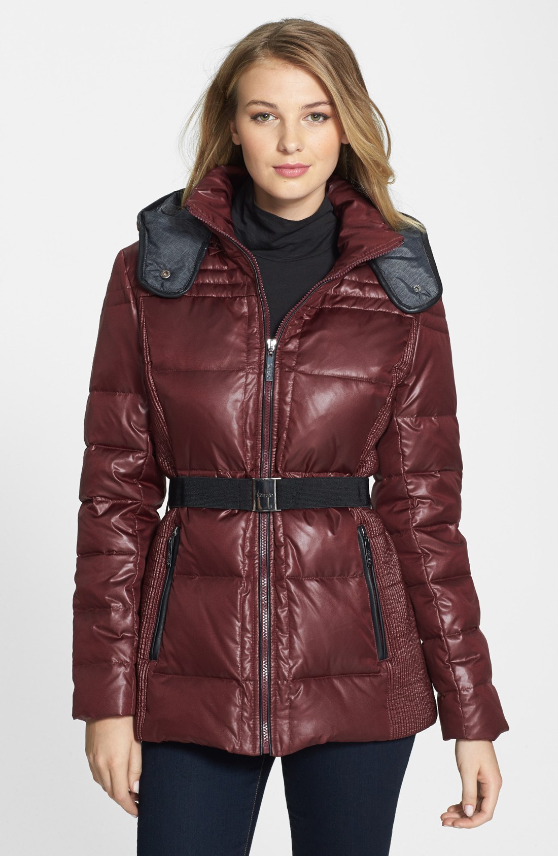 Kensie Belted Down Feather Jacket in Red (Wine) | Lyst
