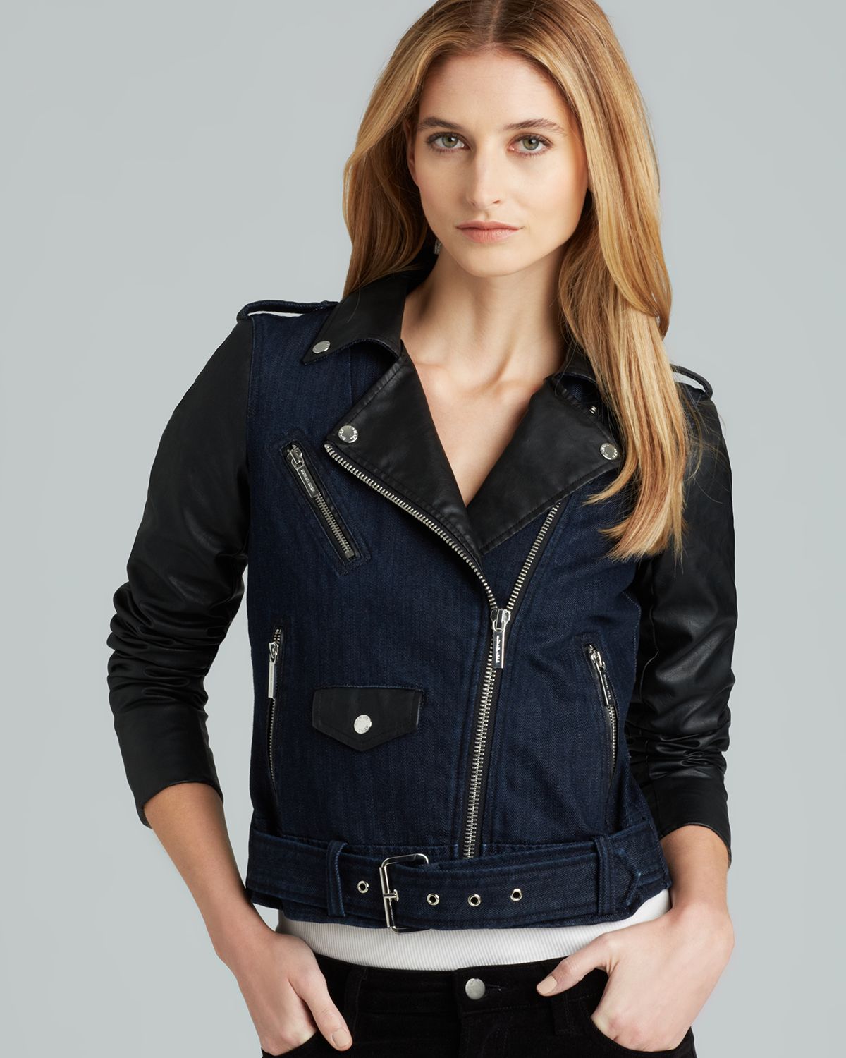 Lyst Michael Kors Denim Moto Jacket With Leather Sleeves Gallery