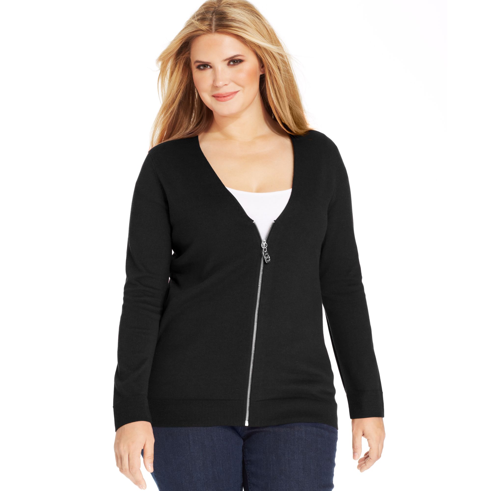 Michael Kors Long Sleeve Zip Front Cardigan in Black | Lyst