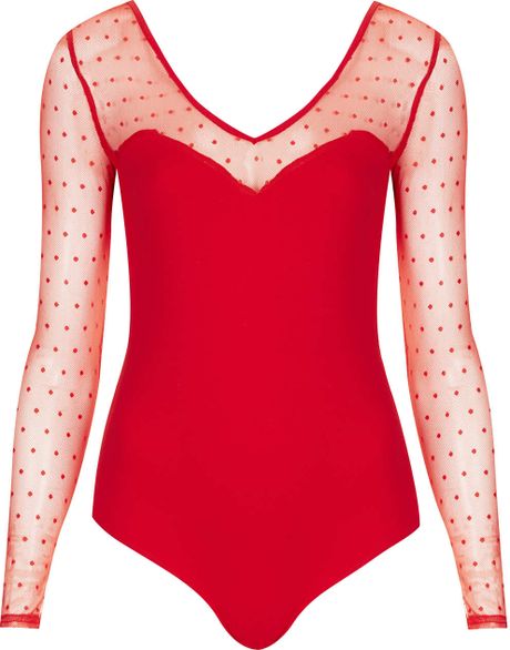 Topshop Dot Mesh Bodysuit By Wyldr in Red | Lyst