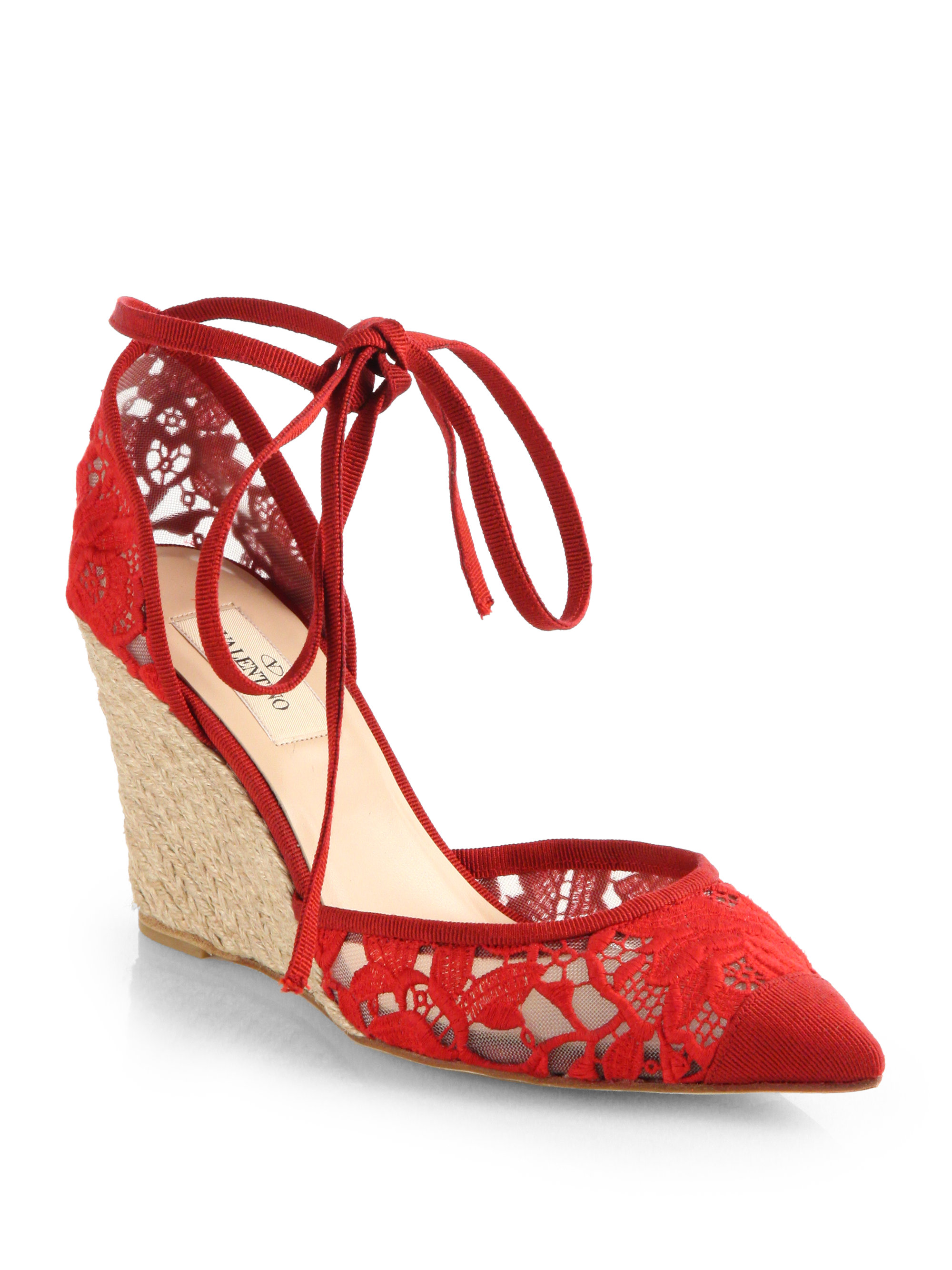 Valentino Lace Tieup Espadrille Wedge Sandals in Red | Lyst