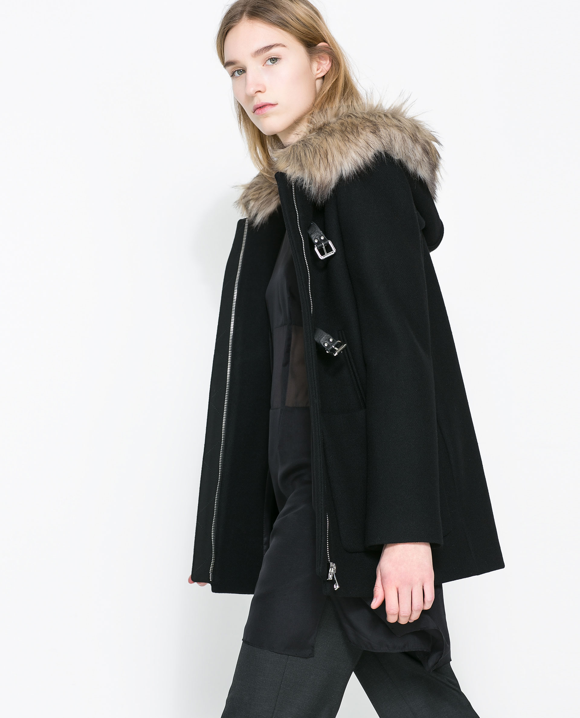 Zara Duffle Coat with Fur Hood in Black | Lyst