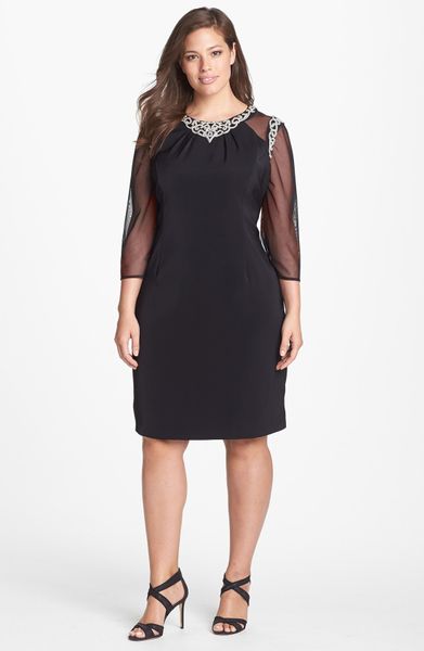 Alex Evenings Embellished Mesh Crepe Sheath Dress in Black | Lyst