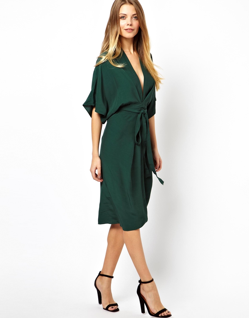 Lyst - Asos Midi Dress With Kimono Sleeves in Green