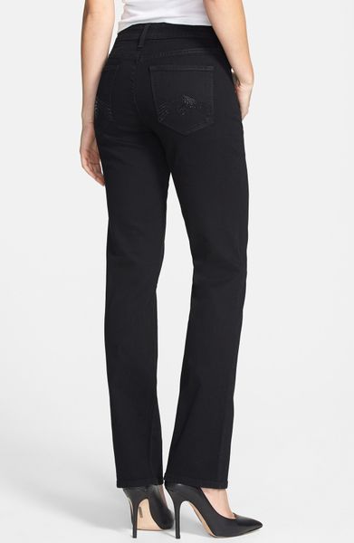 Nydj Marilyn Rhinestone Pocket Stretch Straight Leg Jeans in Black | Lyst