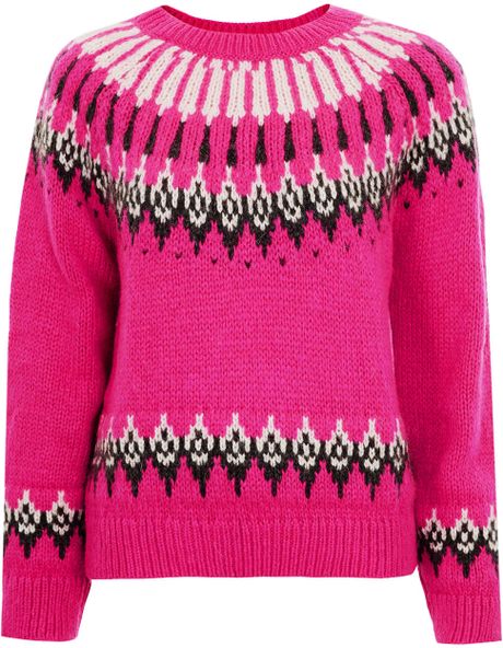 Topshop Knitted Fairisle Jumper in Pink (Bright Pink) | Lyst