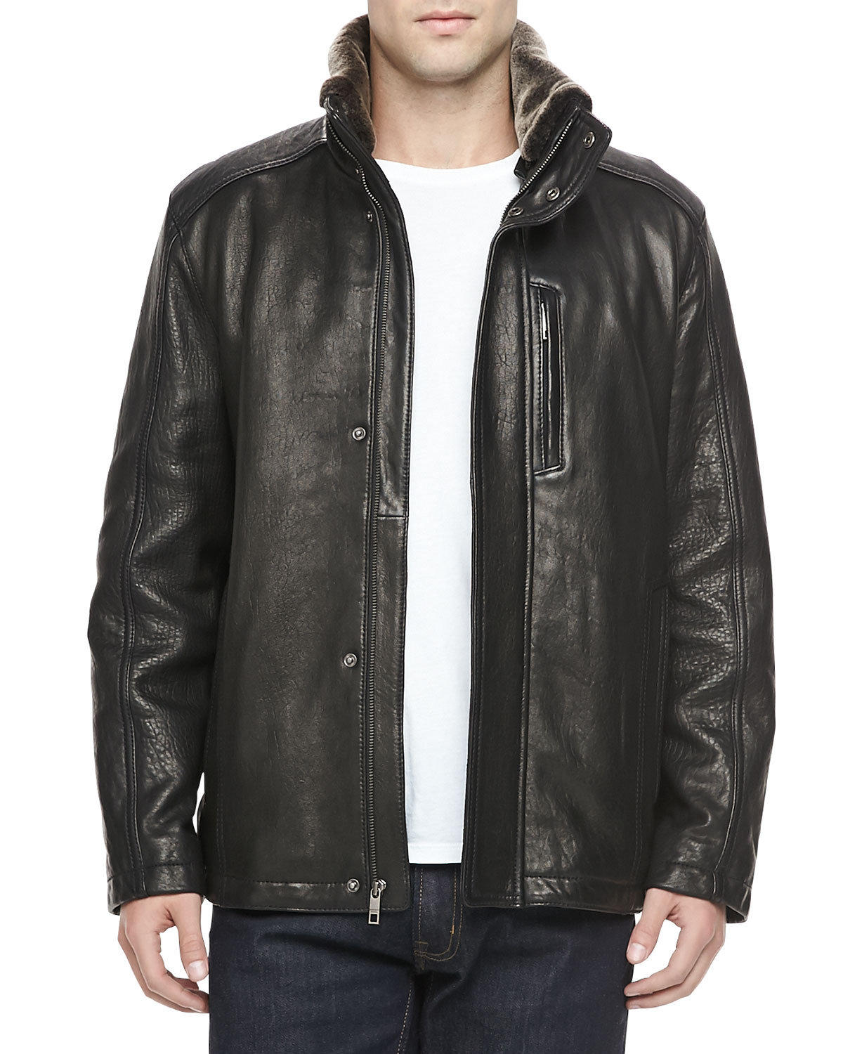 Lyst - Andrew Marc Leather Car Coat with Shearling Collar Black in ...