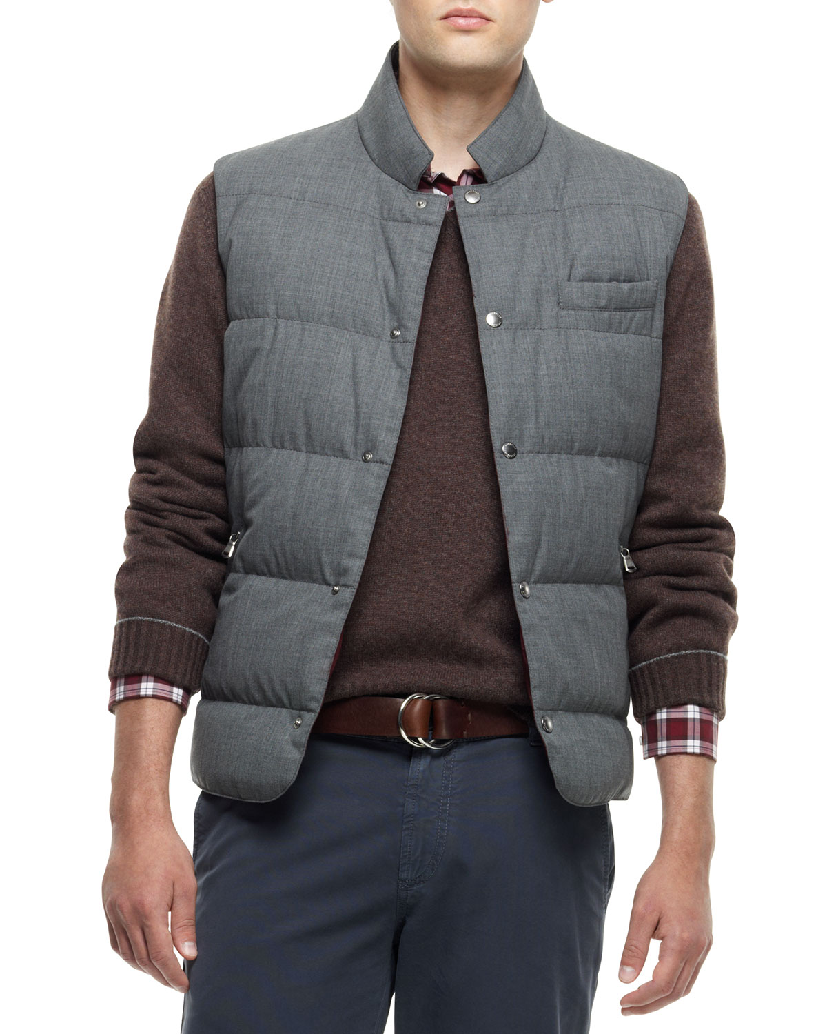 Lyst Brunello Cucinelli Snap Button Puffer Vest Gray Burgundy in Gray