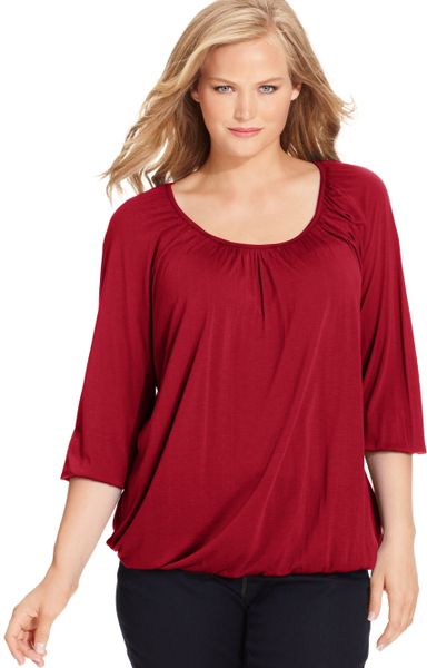 Michael Kors l Plus Size Three Quarter Sleeve Peasant Top in Red (Red ...