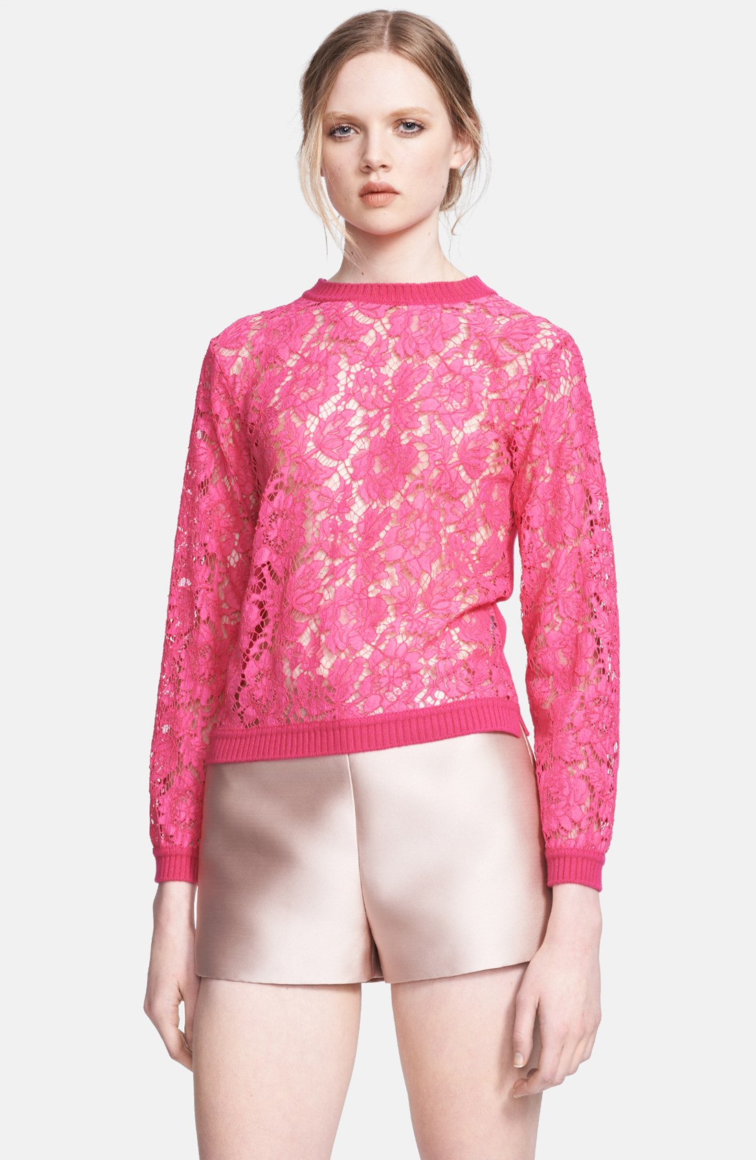 Valentino Lace Panel Wool Cashmere Sweater in Pink (Fuchsia) | Lyst
