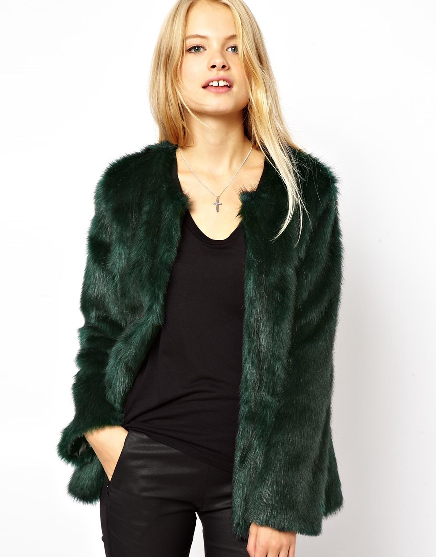 Lyst - Asos Collarless Longline Faux Fur Coat in Green