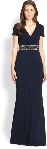 Badgley Mischka Embellished Belted Gown in Blue (NAVY) | Lyst