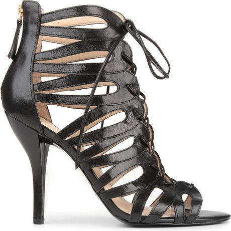 Nine West Kenie Leather Cage Sandals in Black | Lyst
