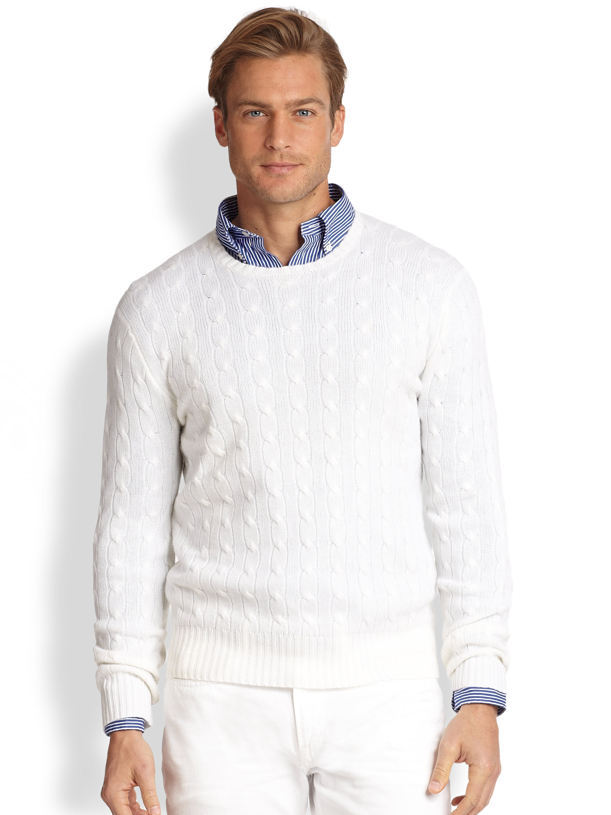 Polo ralph lauren Cableknit Cashmere Sweater in White for Men | Lyst