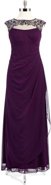 Xscape Beaded Illusion Neckline Gown in Purple (plum) | Lyst