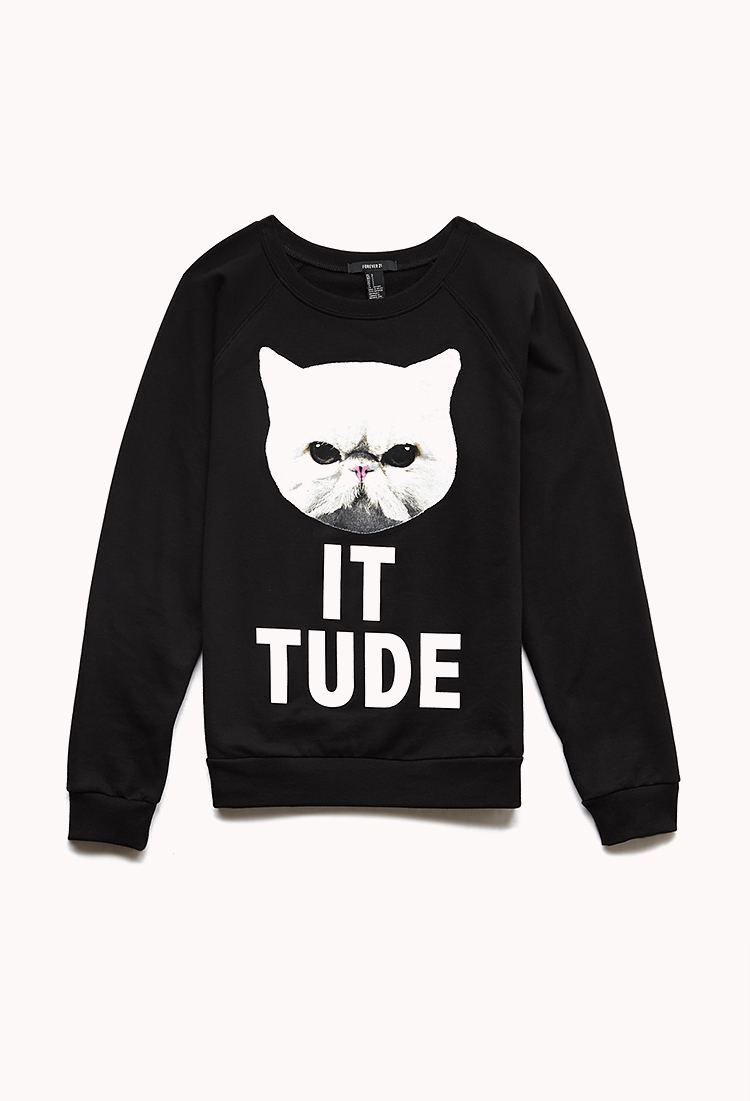 Forever 21 Cattitude Sweatshirt in Black (BLACK/WHITE) | Lyst