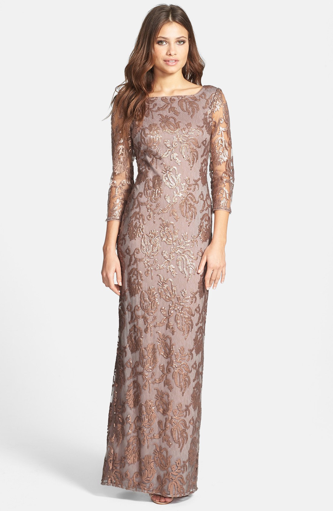 Adrianna Papell Sequin Embroidered Lace Column Gown in Beige (Buff) | Lyst