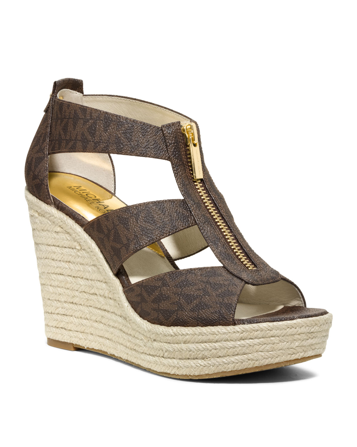Lyst Michael Kors Damita Logo Zipper Wedge Sandal in Brown