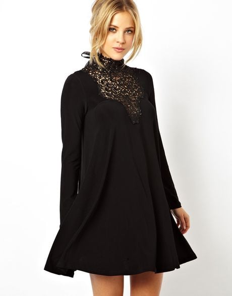 Asos Lace Insert Swing Dress in Black | Lyst