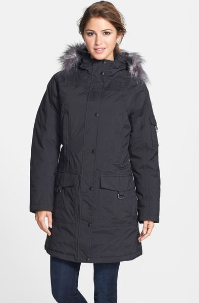 The North Face Juneau Faux Fur Trim Hooded Down Jacket in Black | Lyst