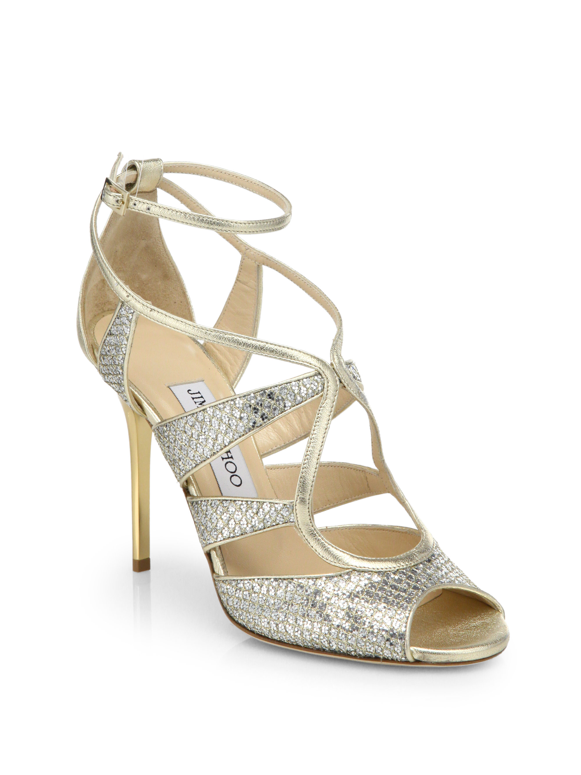 Jimmy Choo Kelsey Glitter Sandals in Silver (CHAMPAGNE) | Lyst