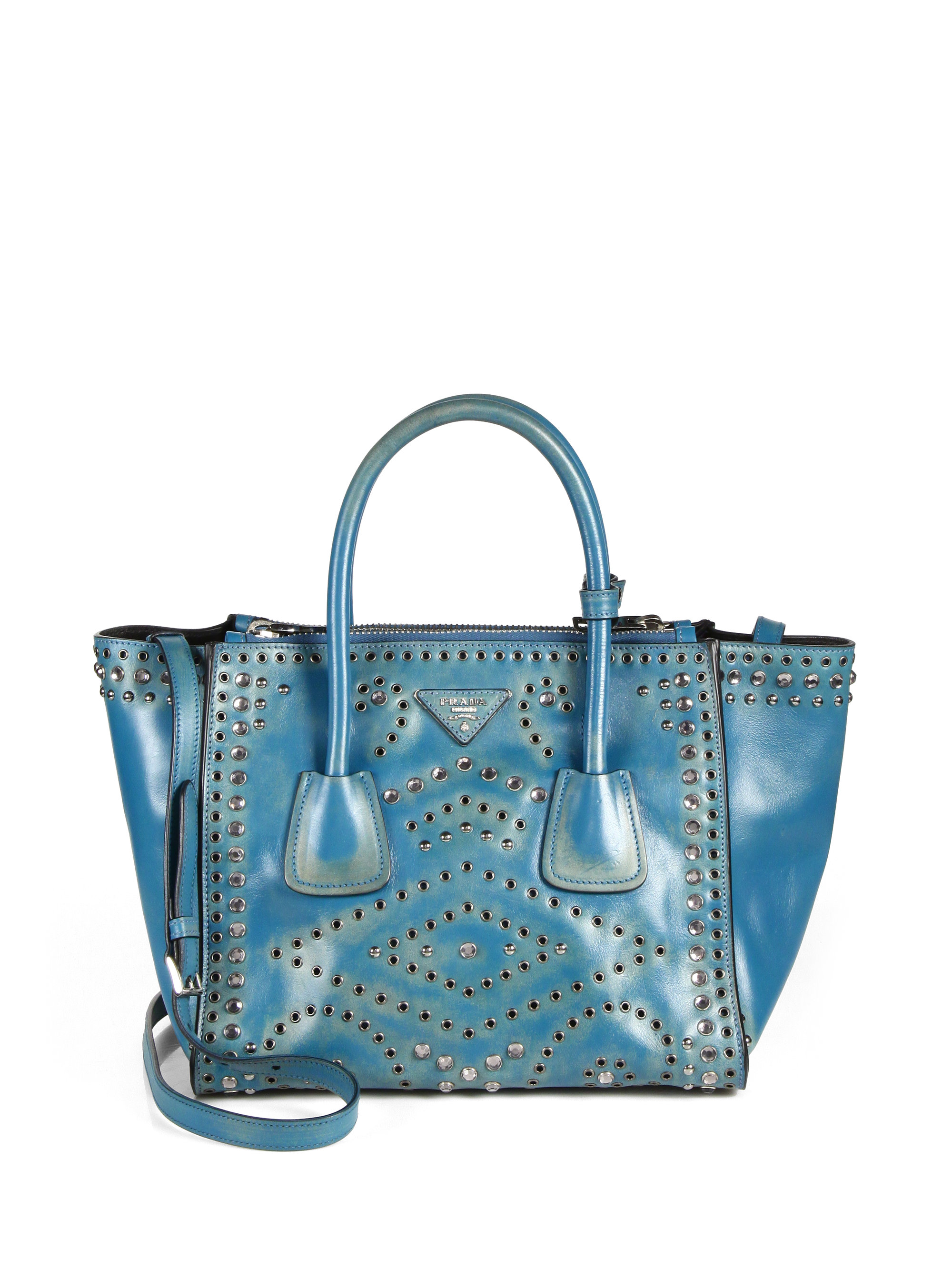 prada womens bags prices - Prada Vitello Vintage Embellished Tote in Blue (AZZURRO-BLUE) | Lyst