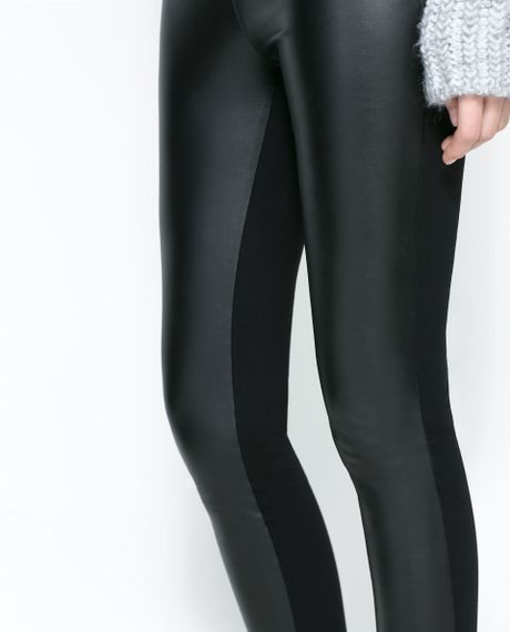 Zara Combined Faux Leather Leggings in Black | Lyst