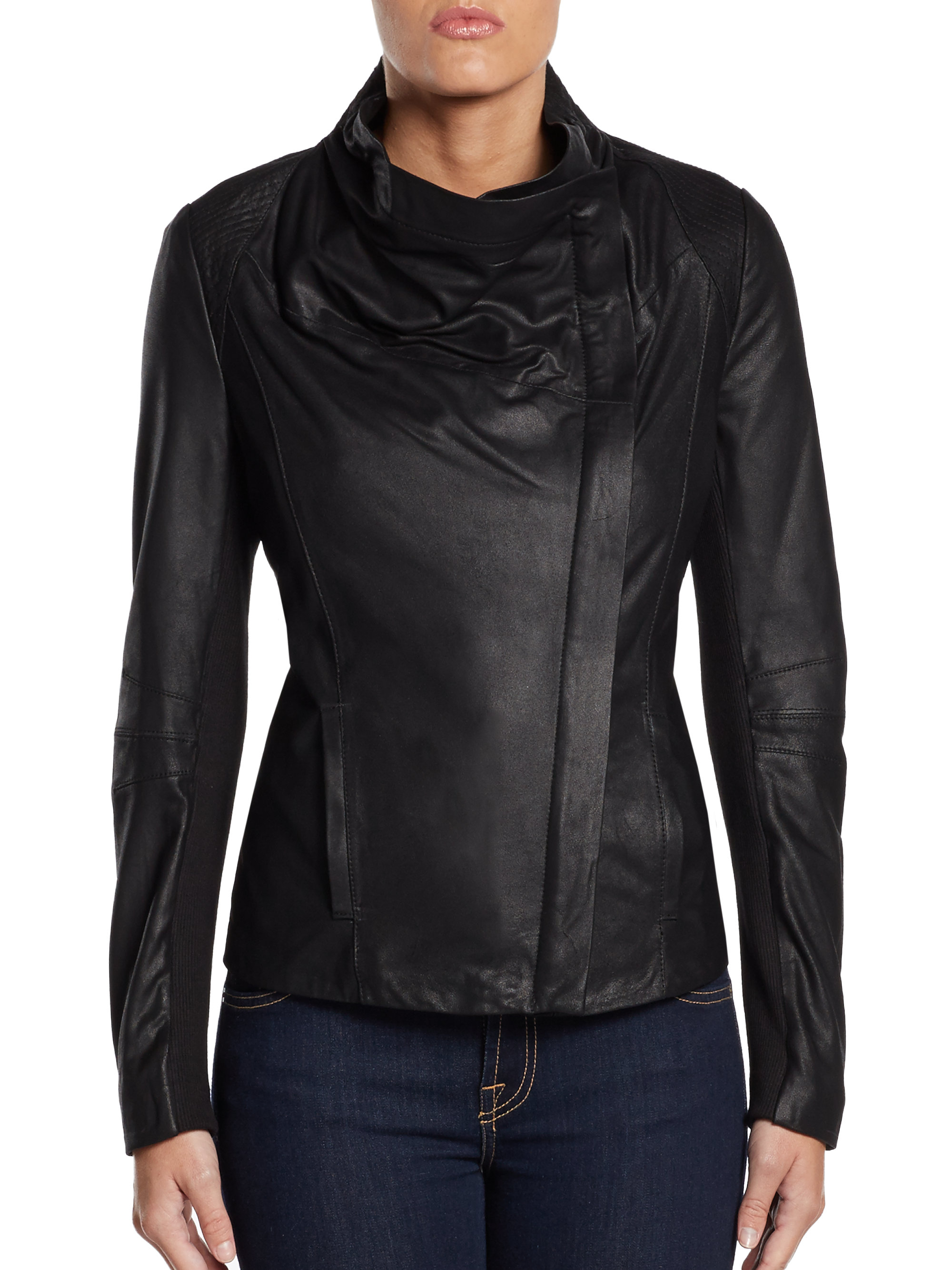 Elie tahari Virginia Leather Ribbed Knit Jacket in Black | Lyst
