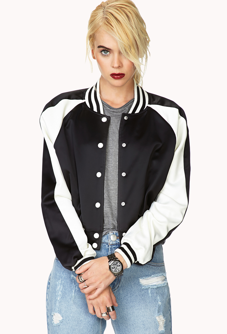 Forever 21 Fresh Satin Varsity Jacket in Black Lyst