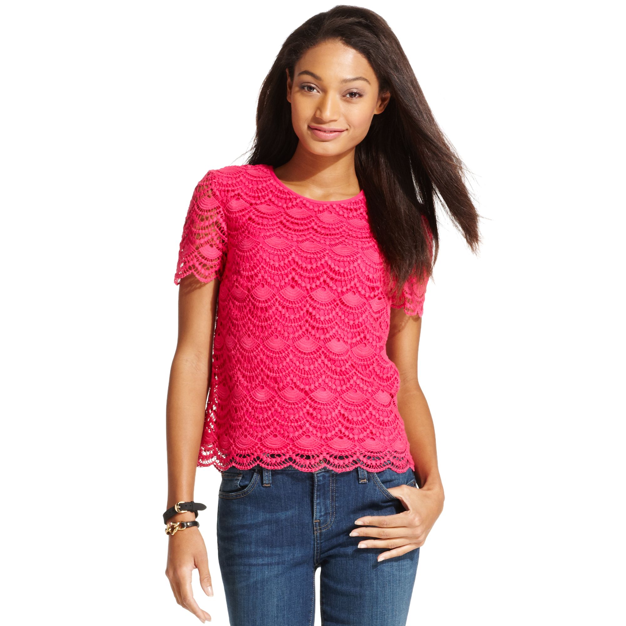 Tommy hilfiger Short Sleeve Lace Top in Pink | Lyst