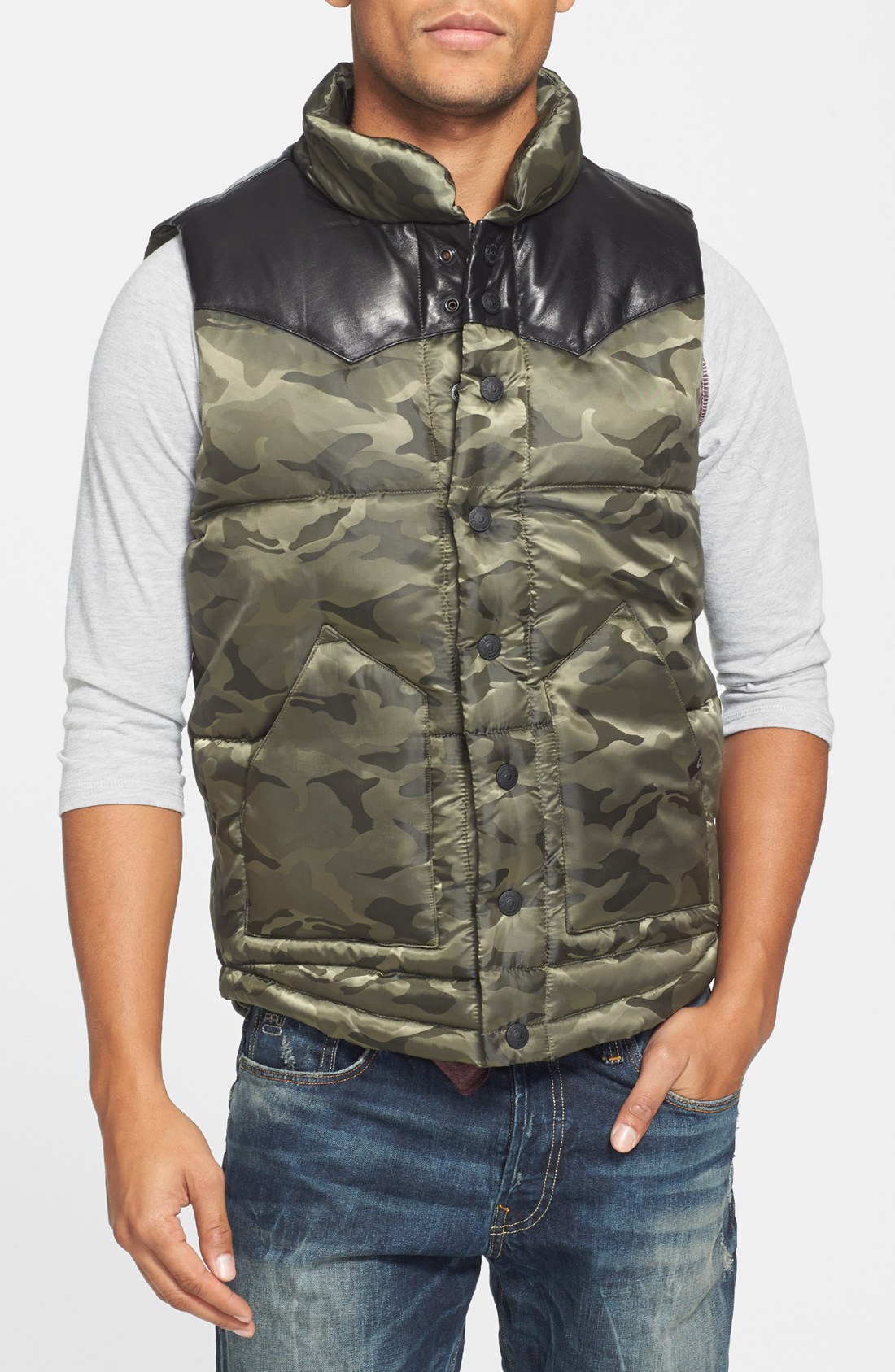True Religion Camo Puffer Vest with Leather Yokes in Khaki for Men (Army Camo) Lyst