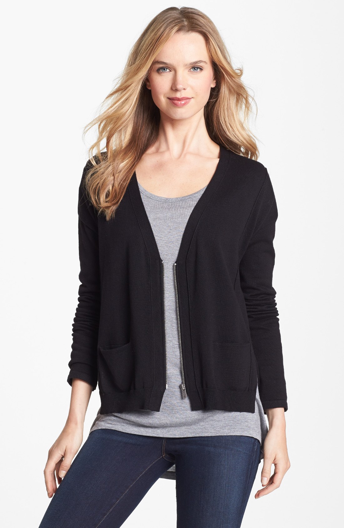 Two By Vince Camuto Split Back Zip Front Cardigan in Black (Rich Black ...