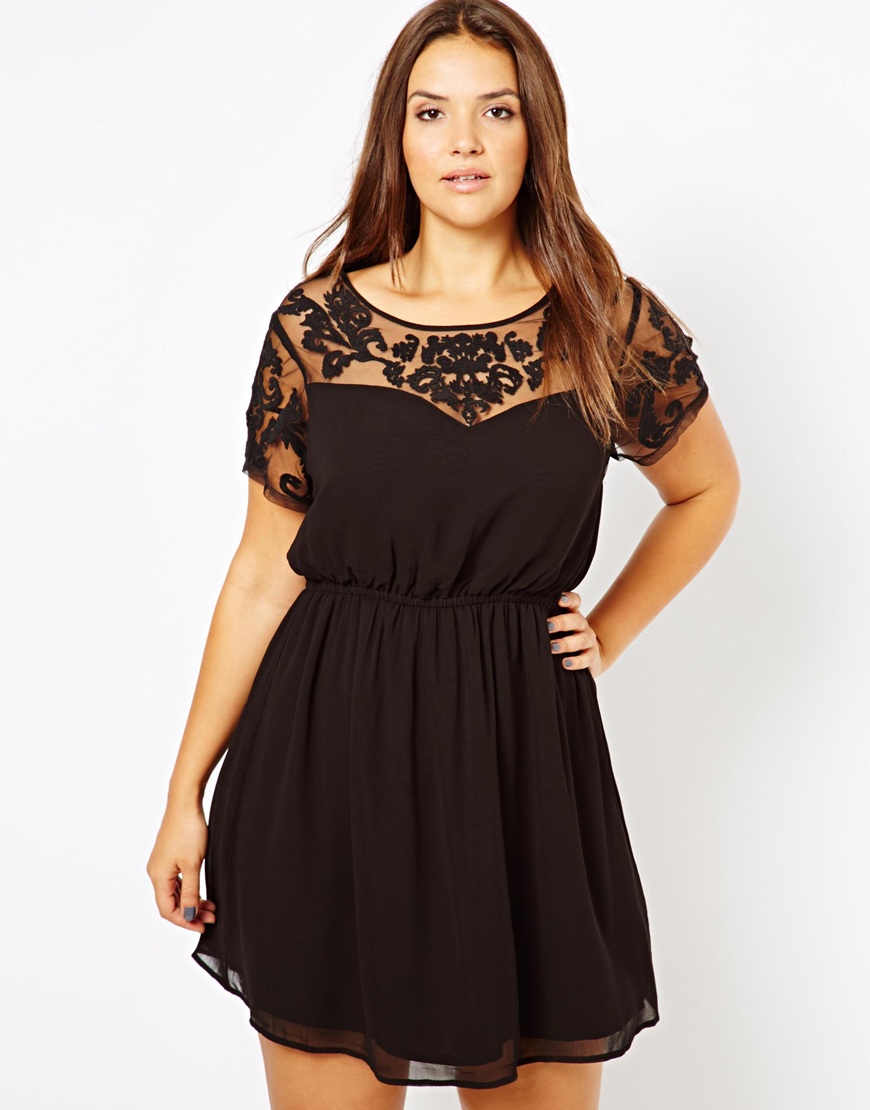Lyst - Asos New Look Inspire Embroidered Mesh Insert Dress in Black