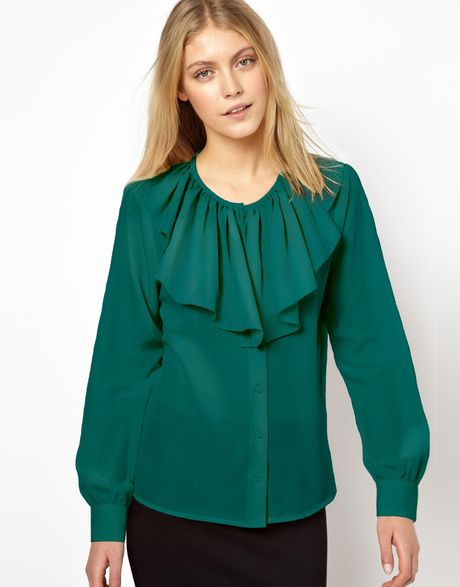 Asos Blouse with Ruffle Front in Green | Lyst
