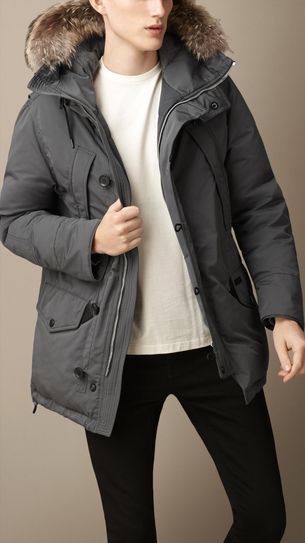Lyst - Burberry Downfilled Technical Parka with Fur Trim in Gray for Men