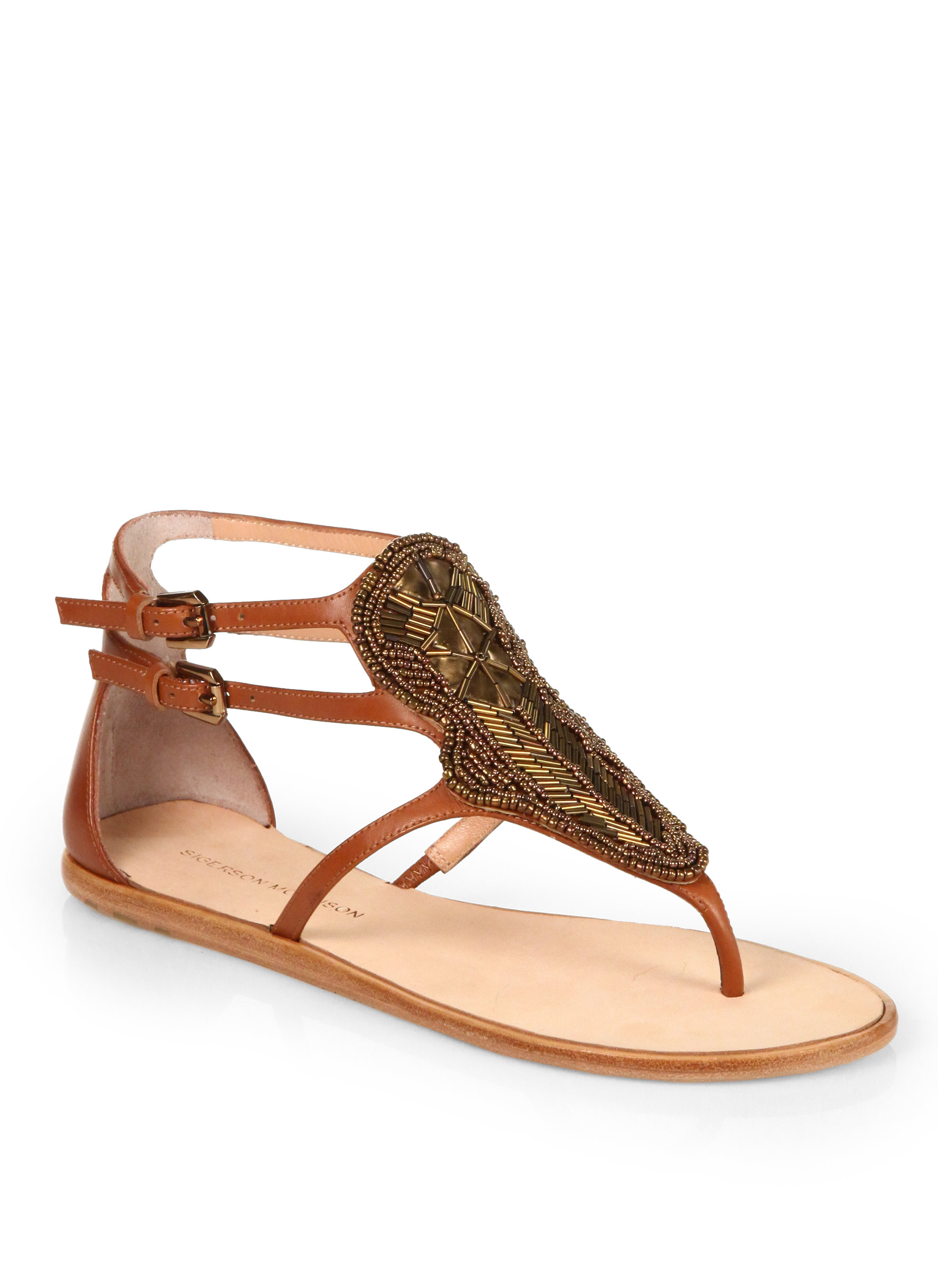 Sigerson Morrison Gitta Embellished Flat Sandals in Brown | Lyst