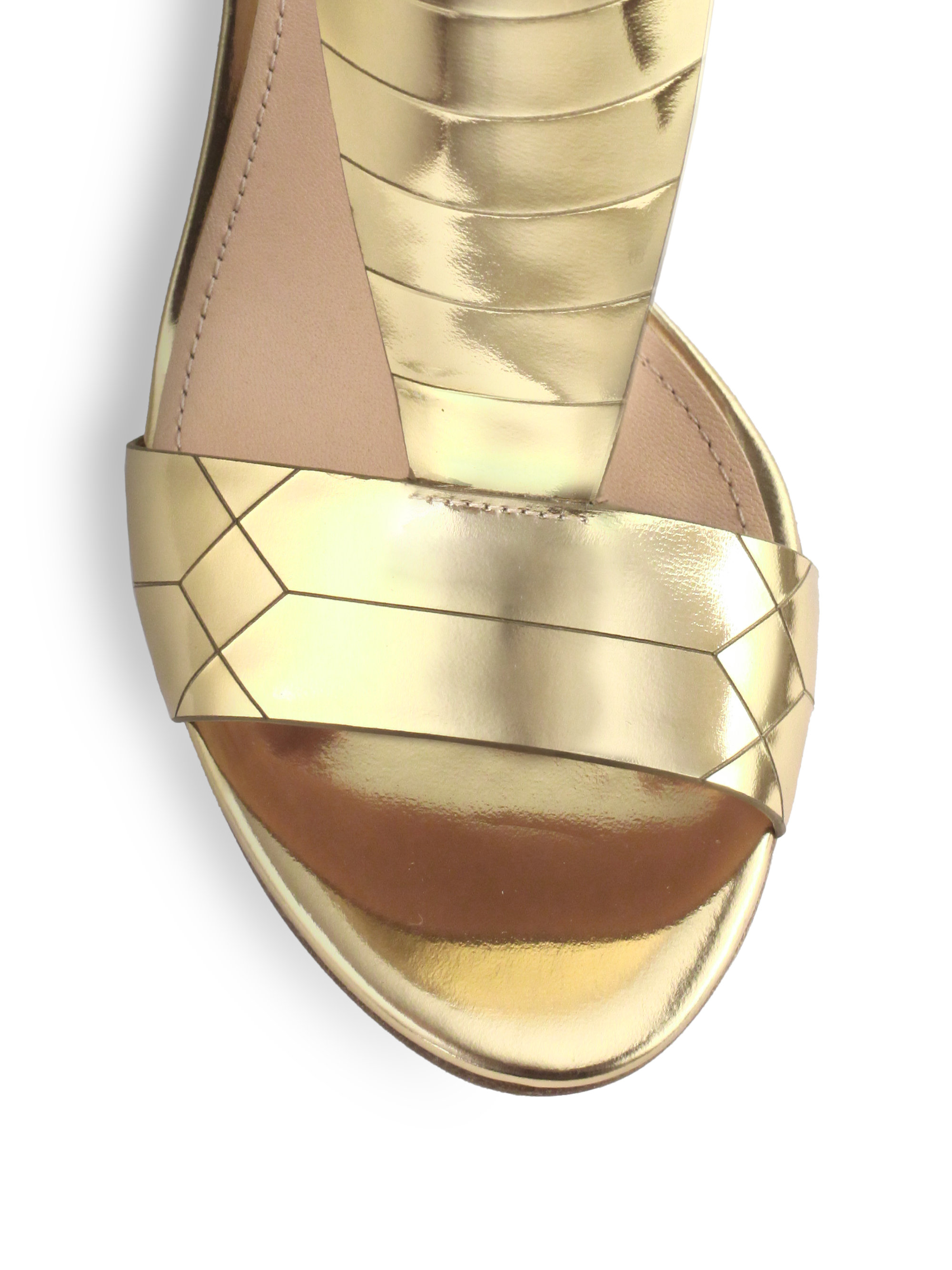 Lyst - Sigerson Morrison Ruby Gold Metallic Leather Wedge Sandal in ...